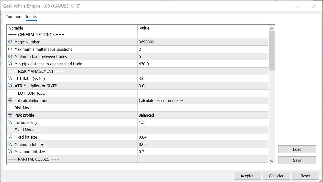 Gold Whale Empire EA input settings in MetaTrader 5 Inputs tab, showing Risk Profile, Trading Hours, Lot Control, and all configurable parameters